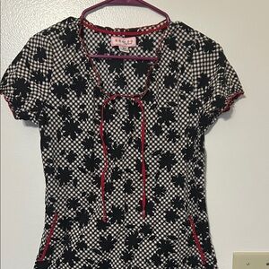 Koi Black and White Floral Blouse with Red Accents